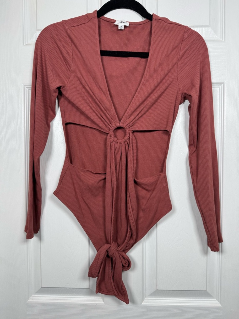 Lane 201 Ribbed Cutout Tie Front Bodysuit Dusty Rose M